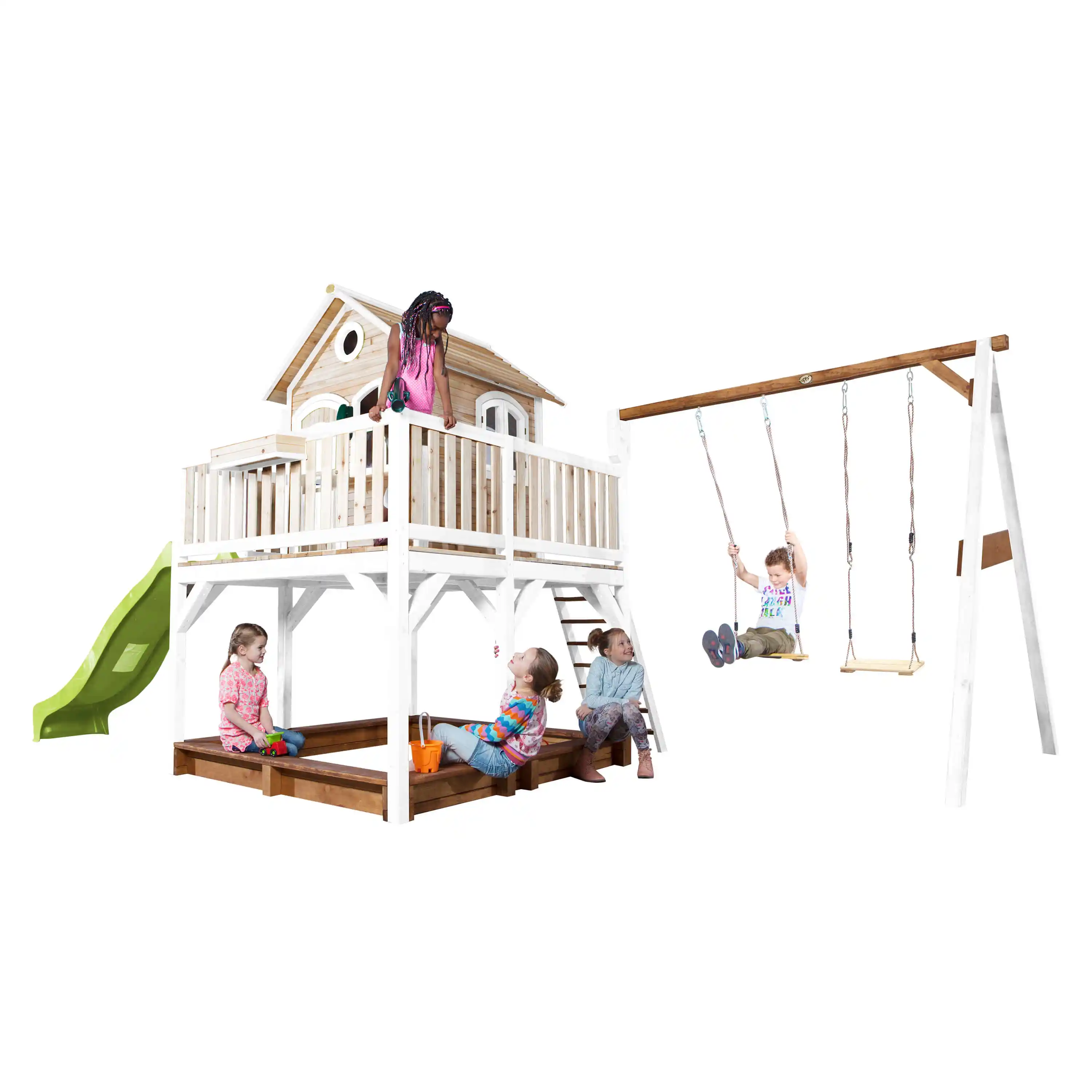 AXI Liam Playhouse with Double Swing Set Brown/White - Lime Green Slide