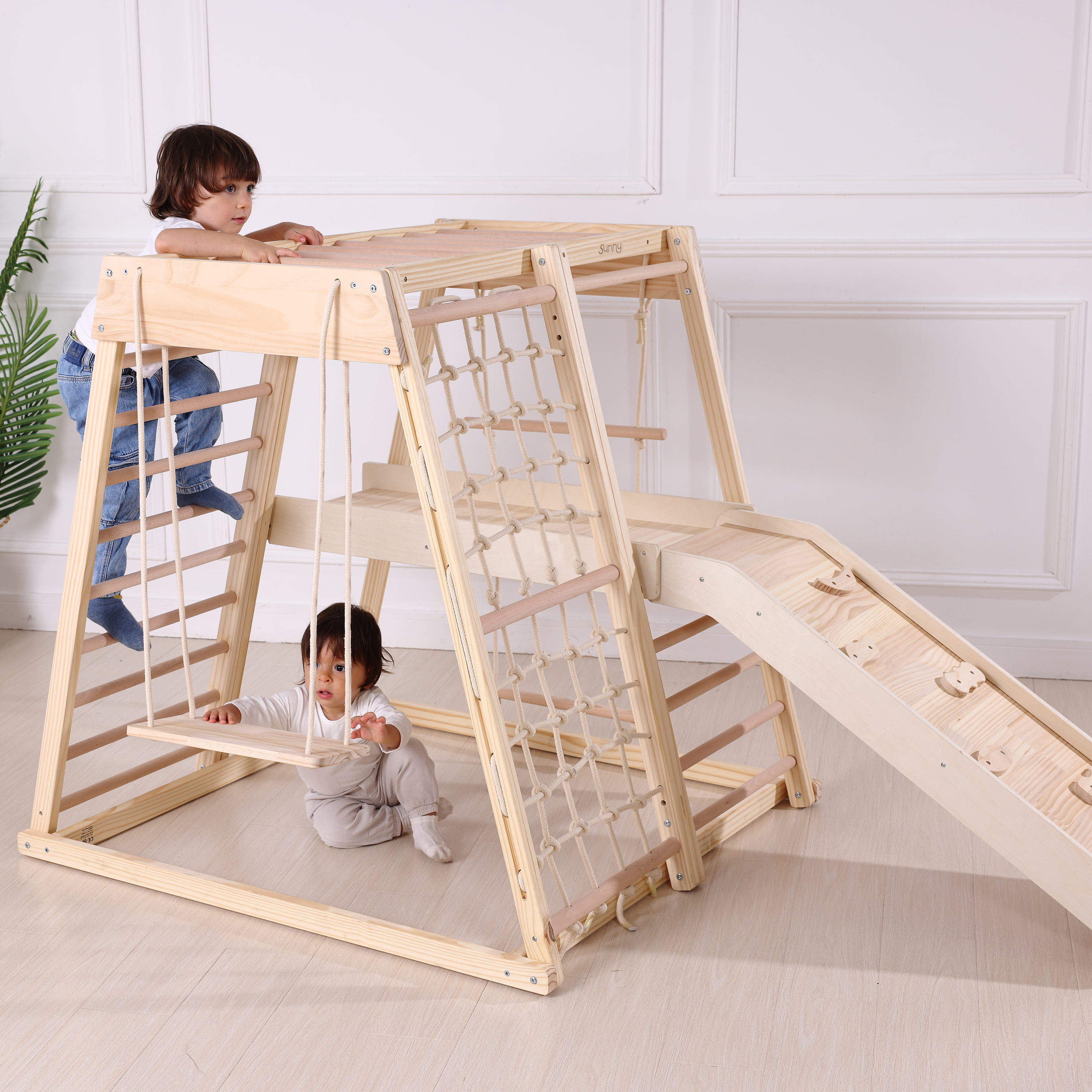 Sunny Mickie Wooden Climbing Tower with Slide and Swing - Natural