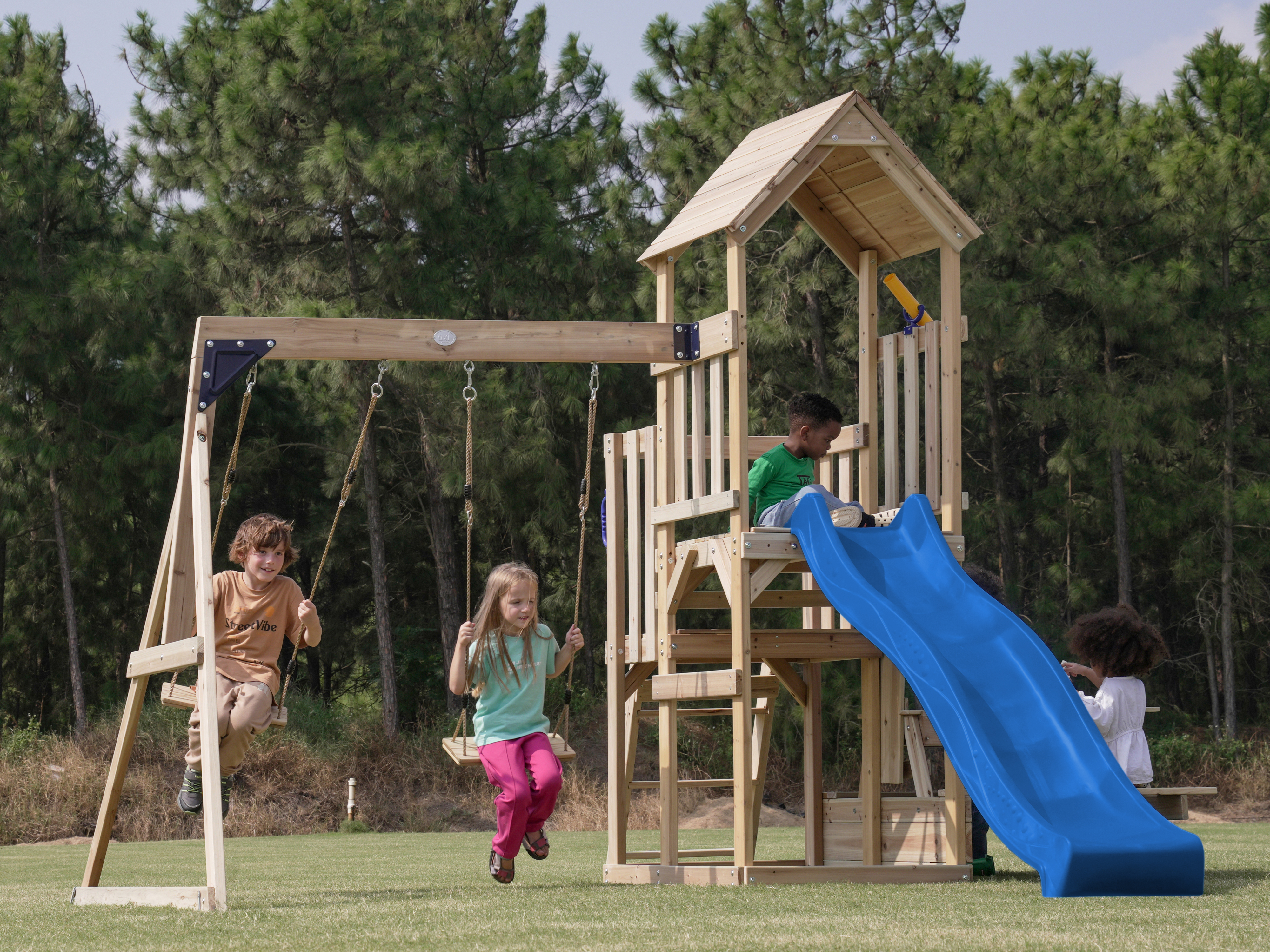 AXI Mette Playground with Double Swing Brown - Blue Slide 