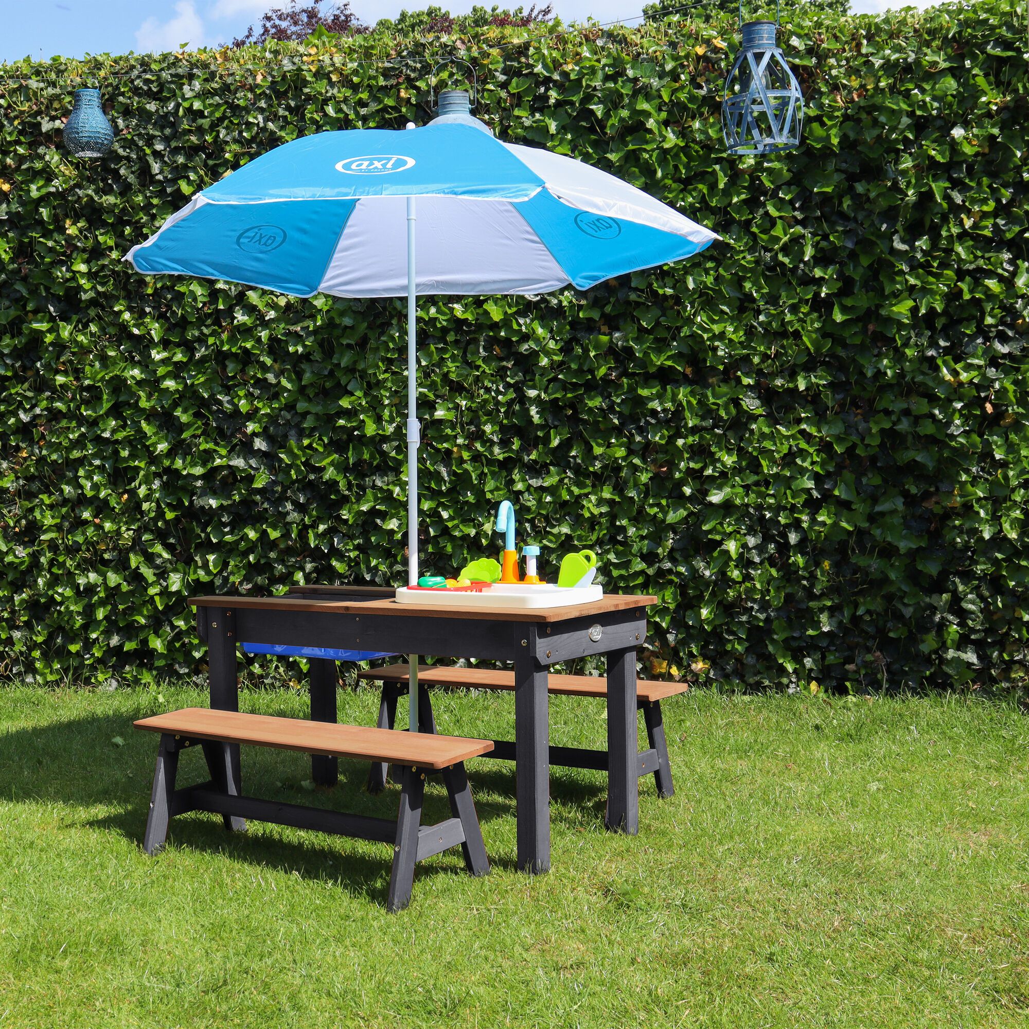 AXI Dennis Sand & Water Picnic Table with Play Kitchen Sink and Benches Anthracite/Brown - Umbrella Blue/White