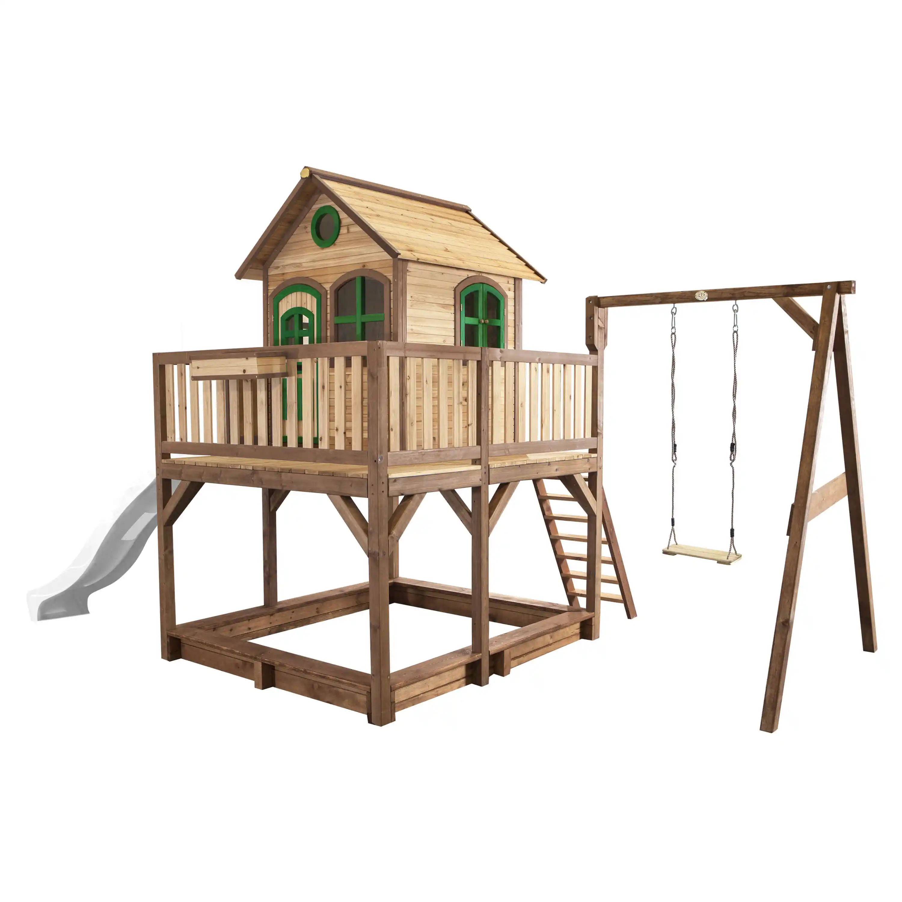 AXI Liam Playhouse with Single Swing Set Brown/Green - White Slide