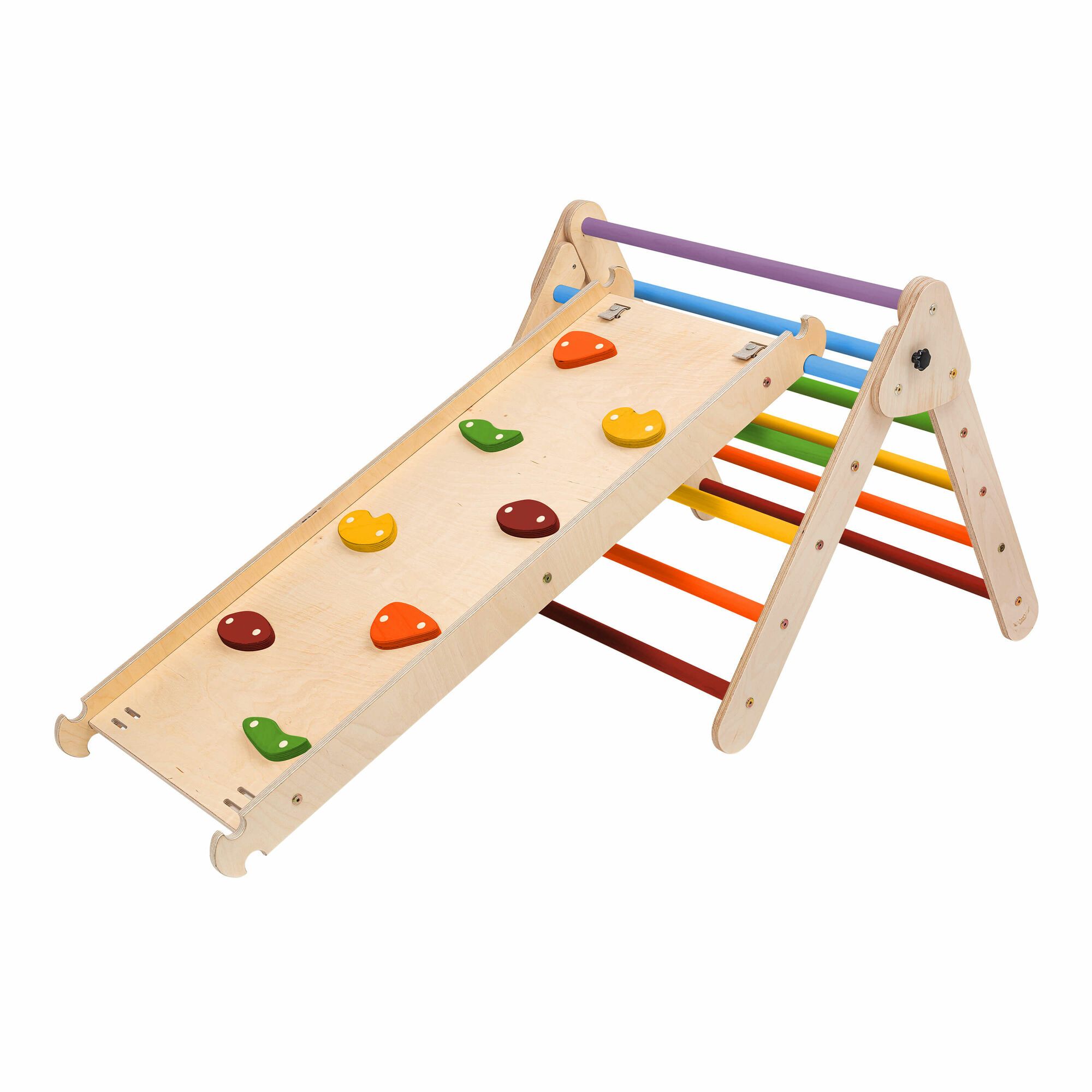 KateHaa Wooden Climbing Triangle with Ladder and Climbing Wall - Rainbow