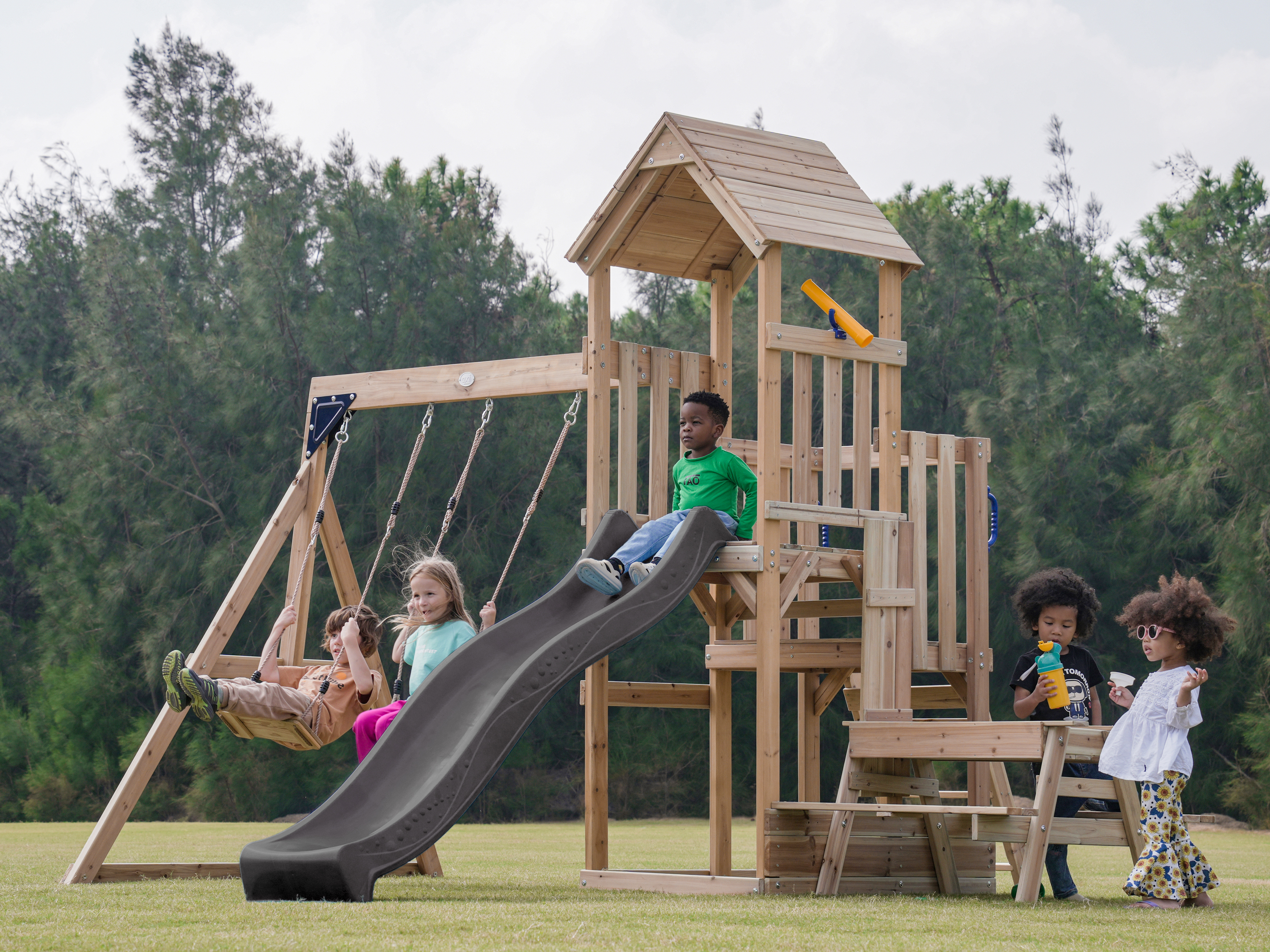 AXI Mette Climbing Frame with Double Swing Set and Picnic Table - Grey Slide