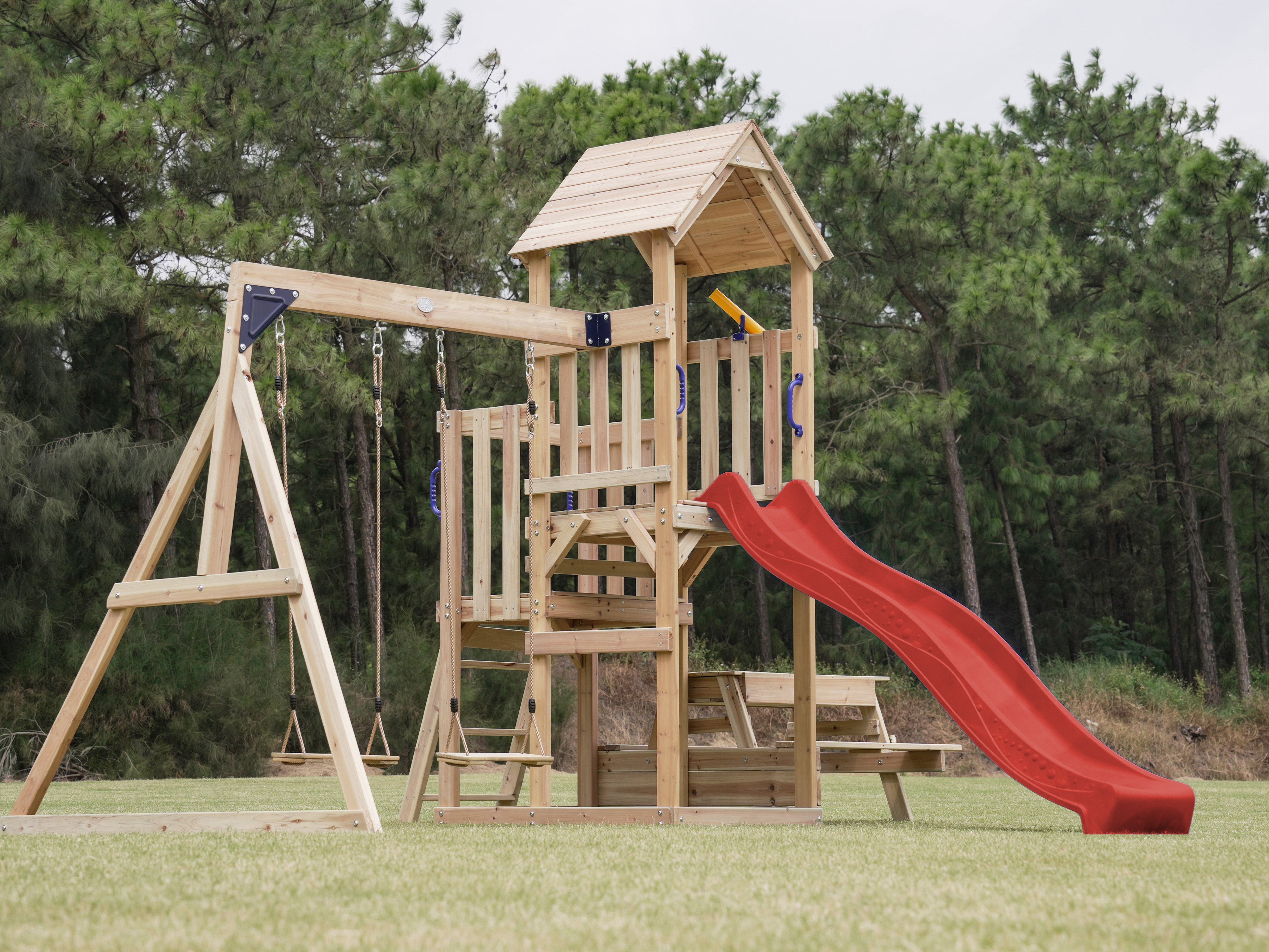 AXI Mette Climbing Frame with Double Swing Set and Picnic Table - Red Slide