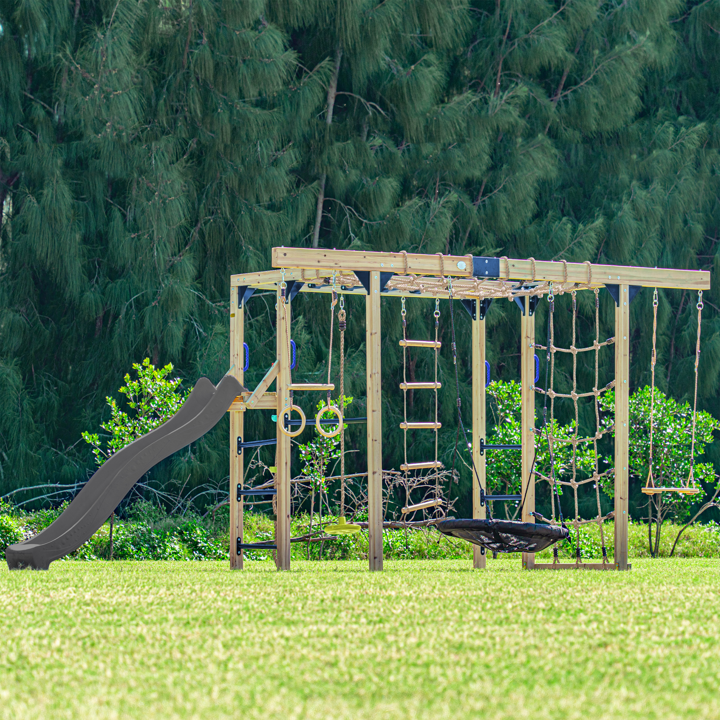 AXI Boris Wooden Playcentre with Swings. Trapeze. Climbing Nets and Monkey Bars – Grey Slide